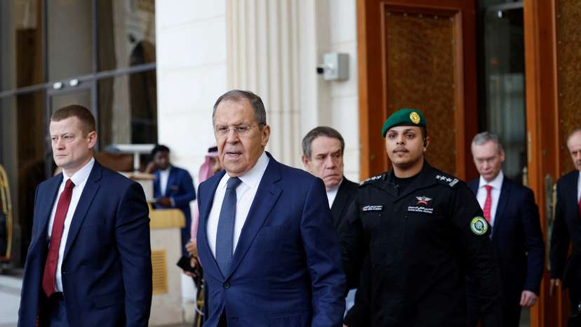 Russian Foreign Minister Sergei Lavrov leaves a hotel ahead of his meeting with a U.S. delegation in Riyadh, Saudi Arabia