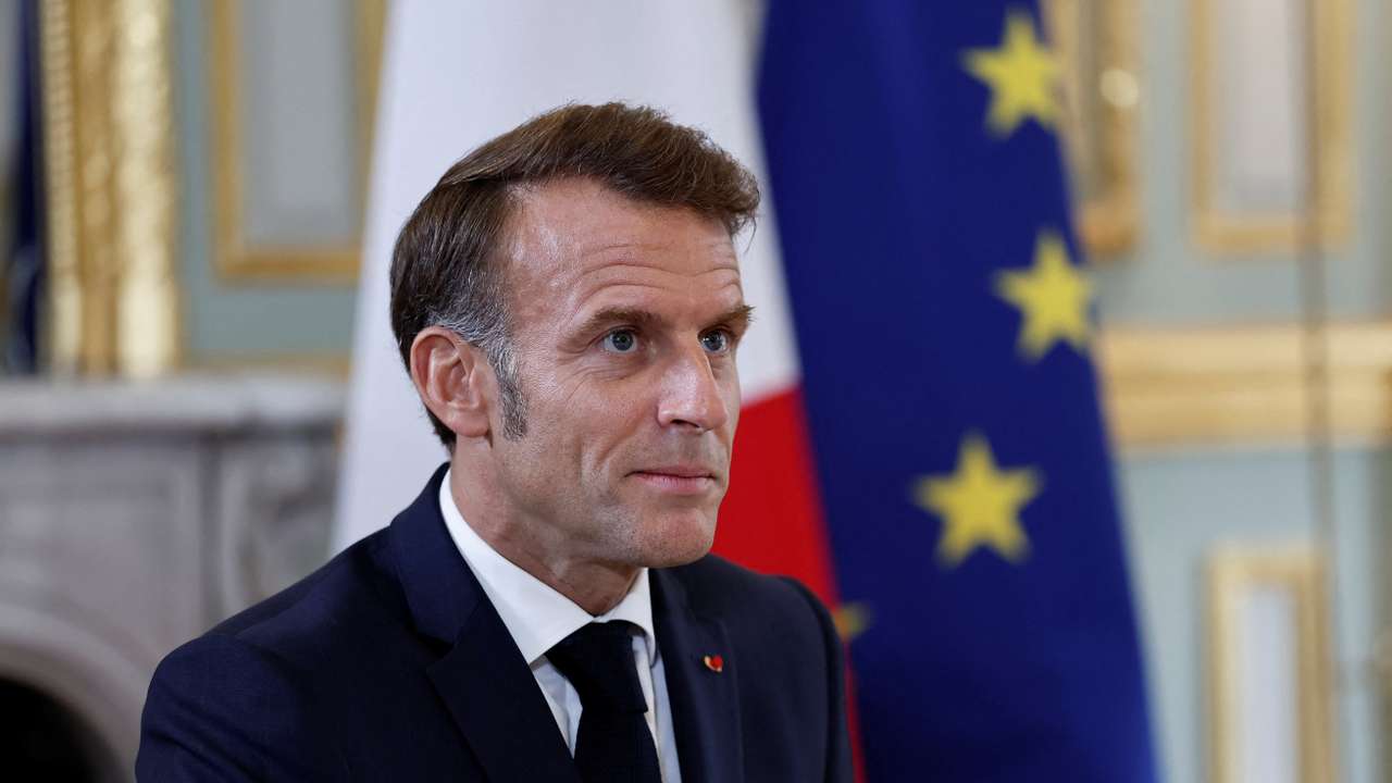 French President Macron attends a video conference on the situation in the Middle East, in Paris