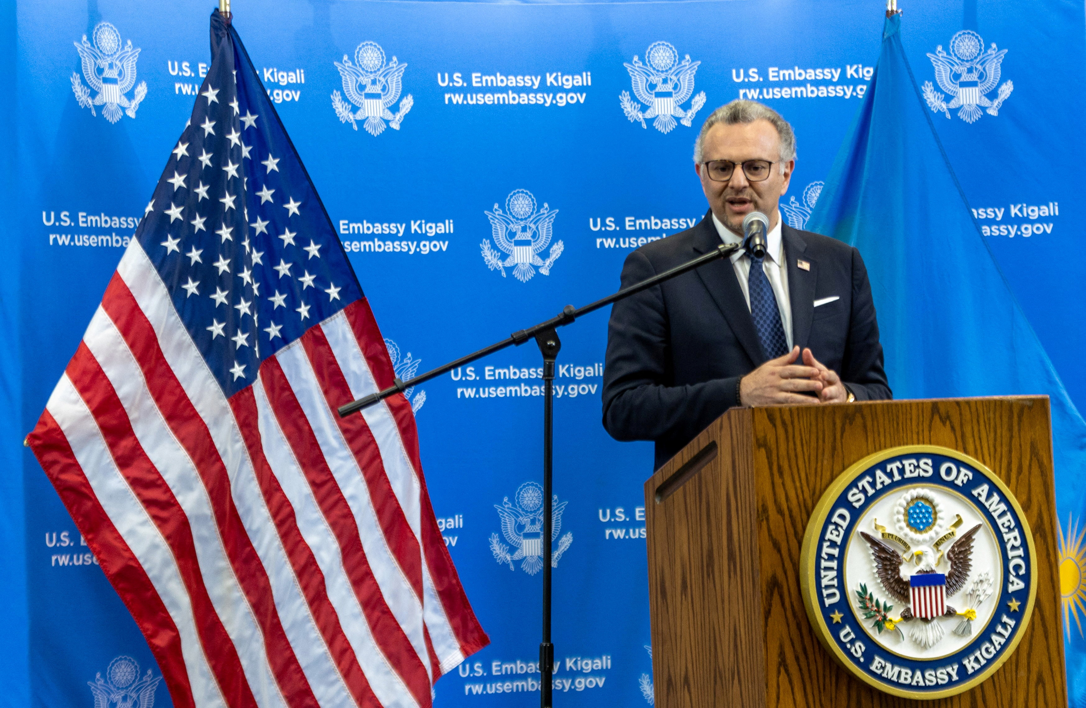U.S. President Donald Trump's Senior Advisor for Africa Massad Boulos addresses a press conference at the U.S. Embassy in Kigali
