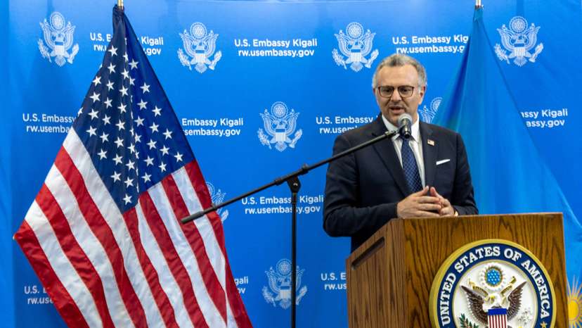 U.S. President Donald Trump's Senior Advisor for Africa Massad Boulos addresses a press conference at the U.S. Embassy in Kigali