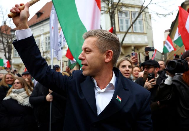 FILE PHOTO: Magyar, leader of the opposition TISZA party arrives to a campaign tour in Gyor,