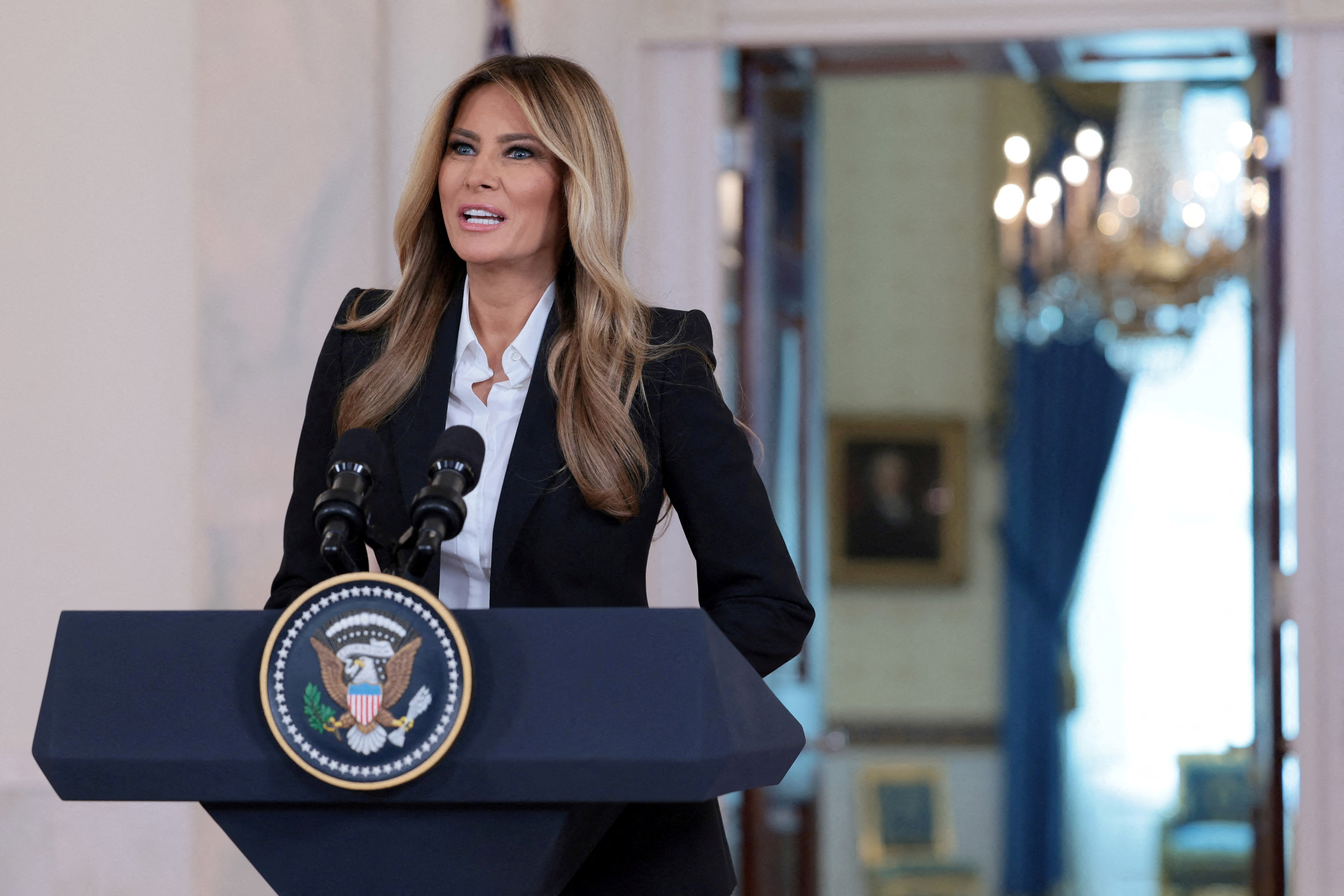U.S. first lady Melania Trump makes an announcement from the Grand Foyer at the White House in Washington