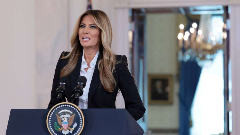 U.S. first lady Melania Trump makes an announcement from the Grand Foyer at the White House in Washington