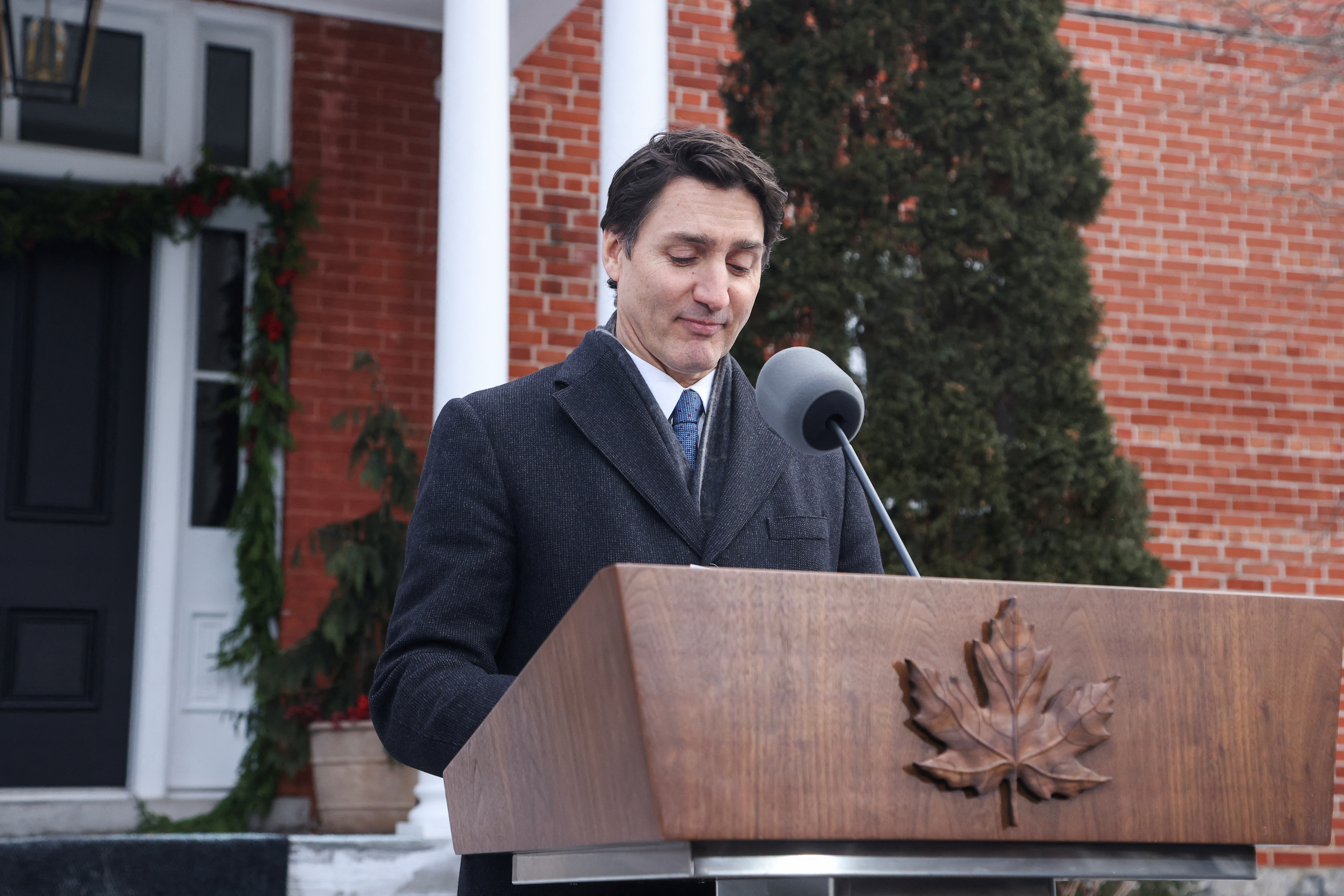 Canada's PM Justin Trudeau announces he intends to step down as Liberal Party leader, at Rideau Cottage, in Ottawa