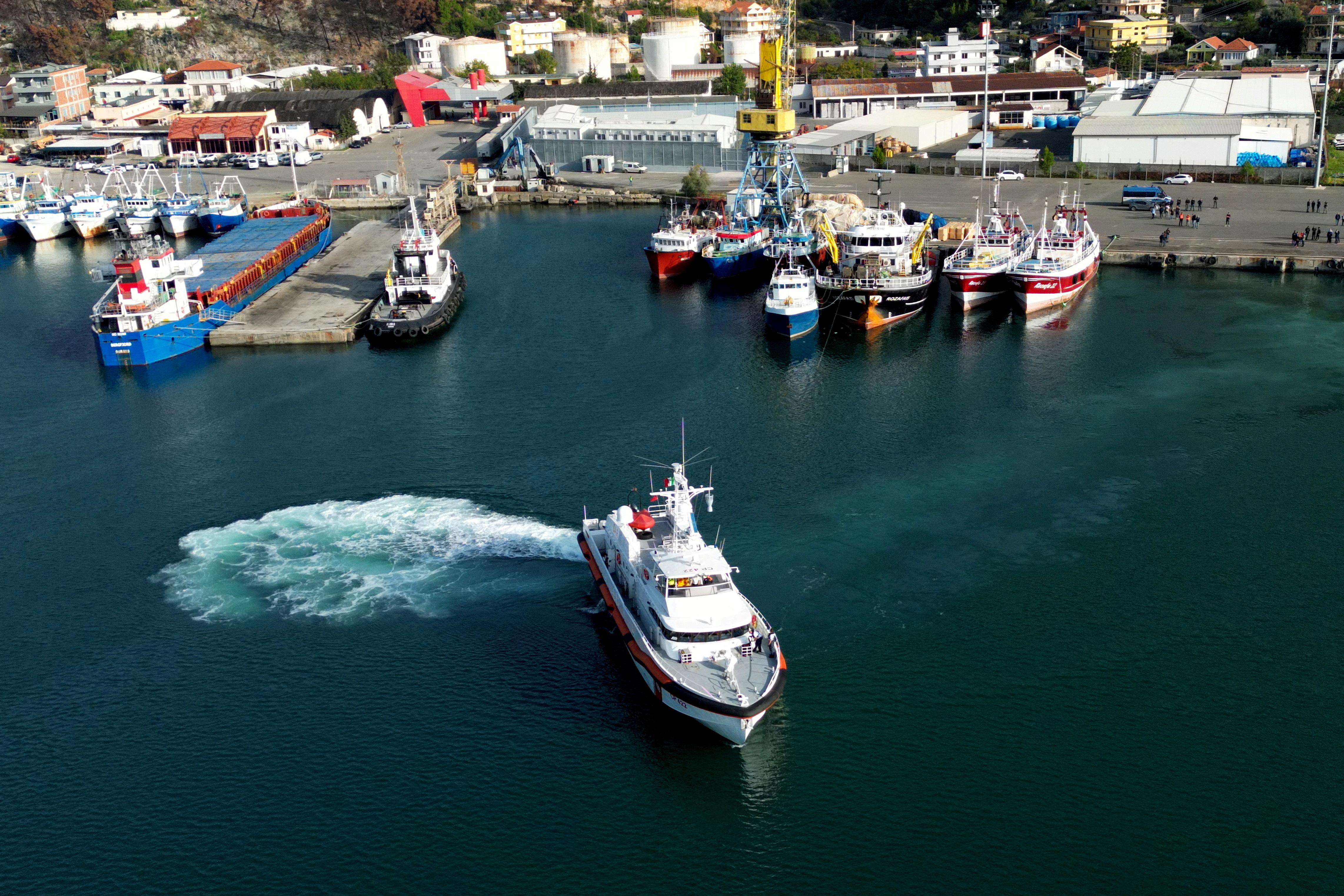 FILE PHOTO: Italian coast guard vessel departing Albania
