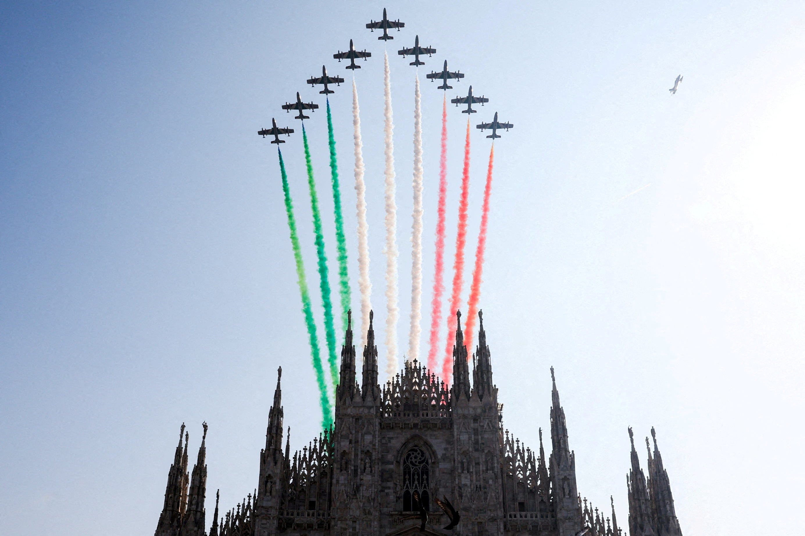 FILE PHOTO: Italian Air Force's "Frecce Tricolori" performs over Milan
