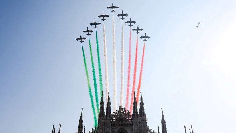 FILE PHOTO: Italian Air Force's "Frecce Tricolori" performs over Milan
