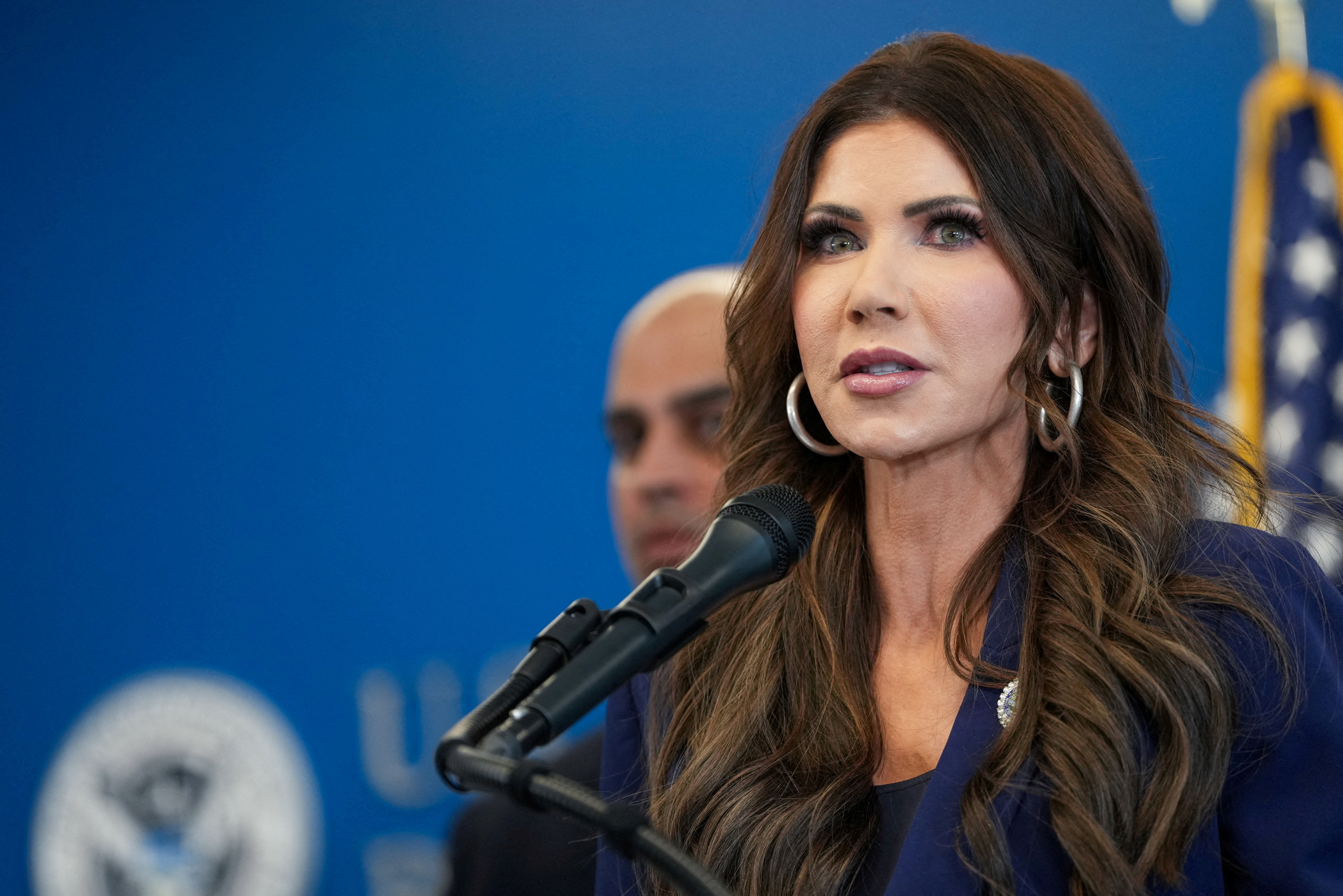 FILE PHOTO: U.S. Homeland Security Secretary Kristi Noem speaks during a press conference, in New York City