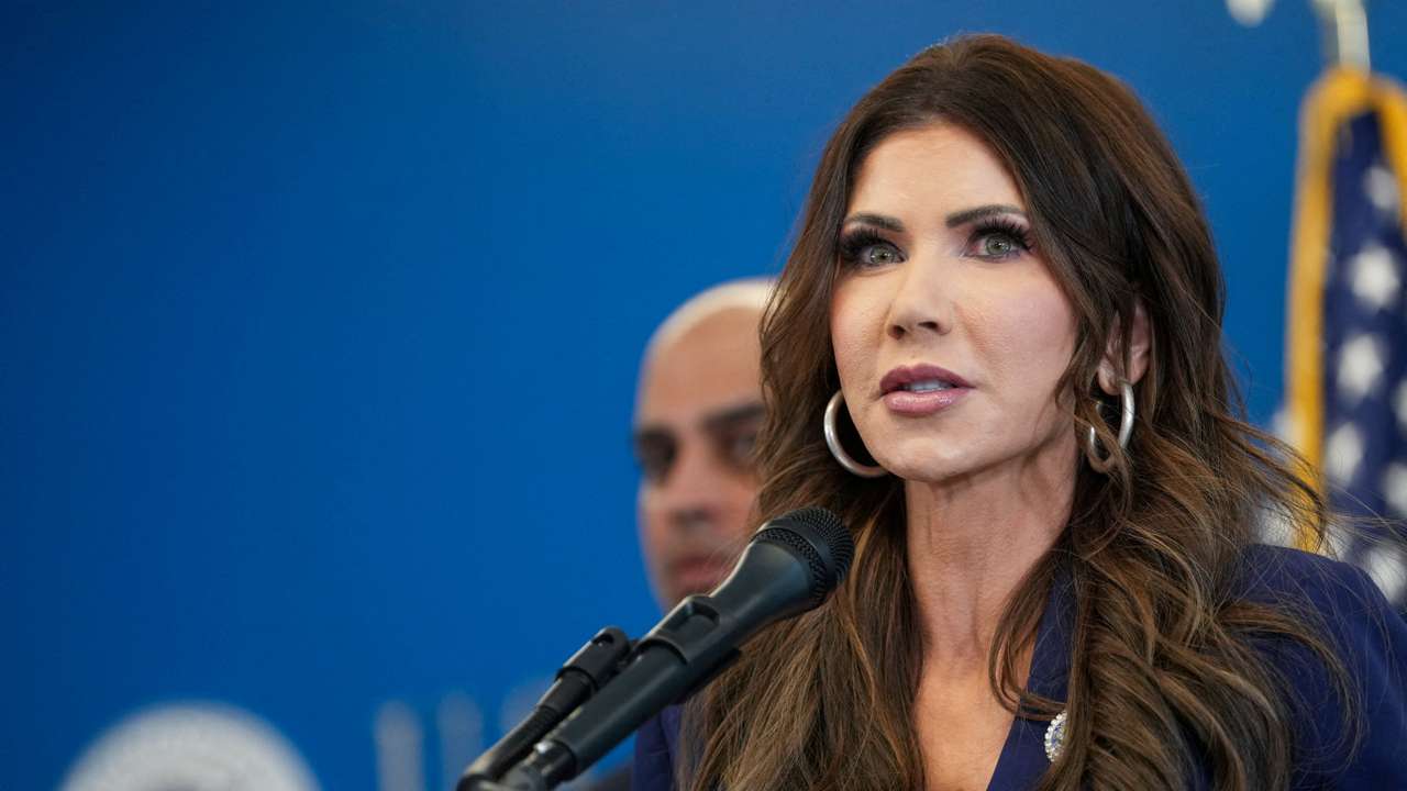 FILE PHOTO: U.S. Homeland Security Secretary Kristi Noem speaks during a press conference, in New York City