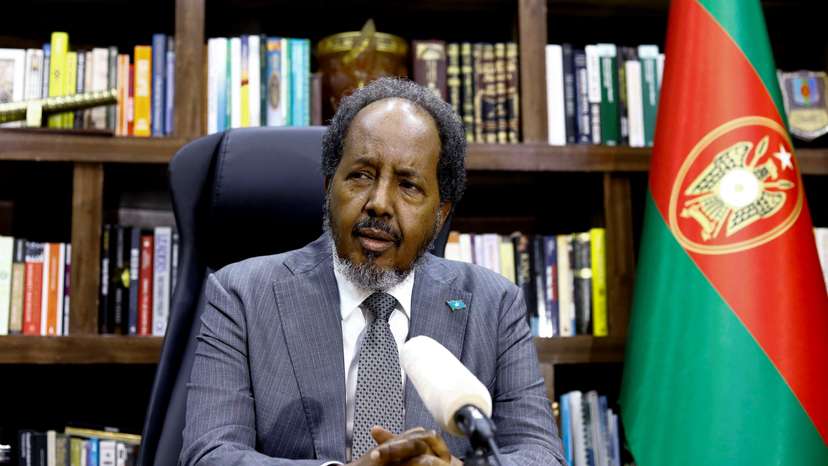 Somalia's President Hassan Sheikh Mohamud speaks during an interview with Reuters, in his office in Mogadishu