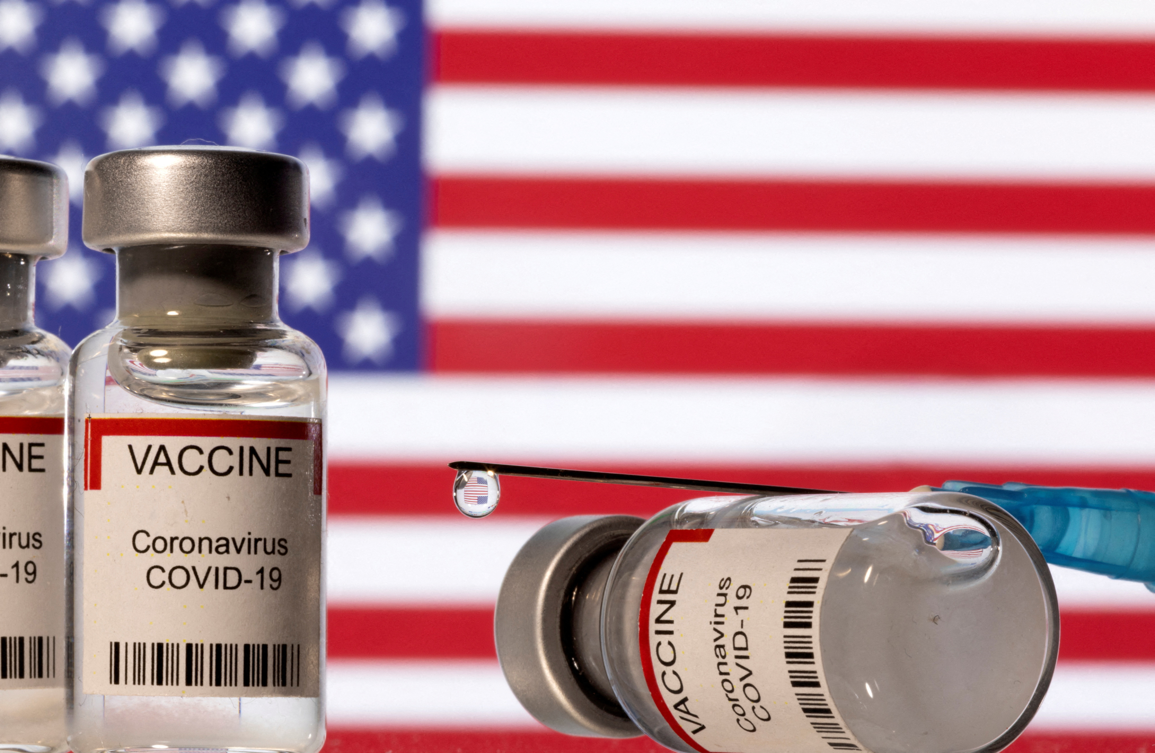 FILE PHOTO: Illustration shows vials labelled "VACCINE Coronavirus COVID-19" and a syringe in front of a displayed U.S. flag