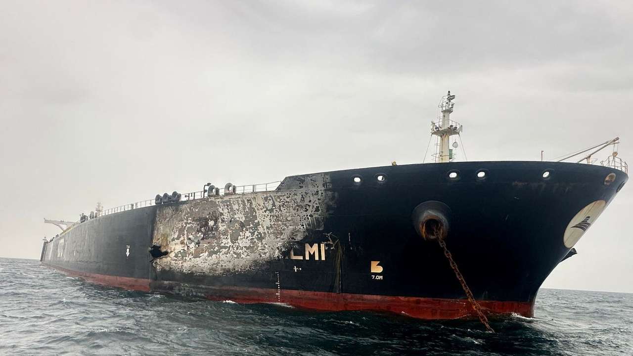 Damage to the Kuwait-flagged Al-Salmi crude oil tanker, following a reported strike