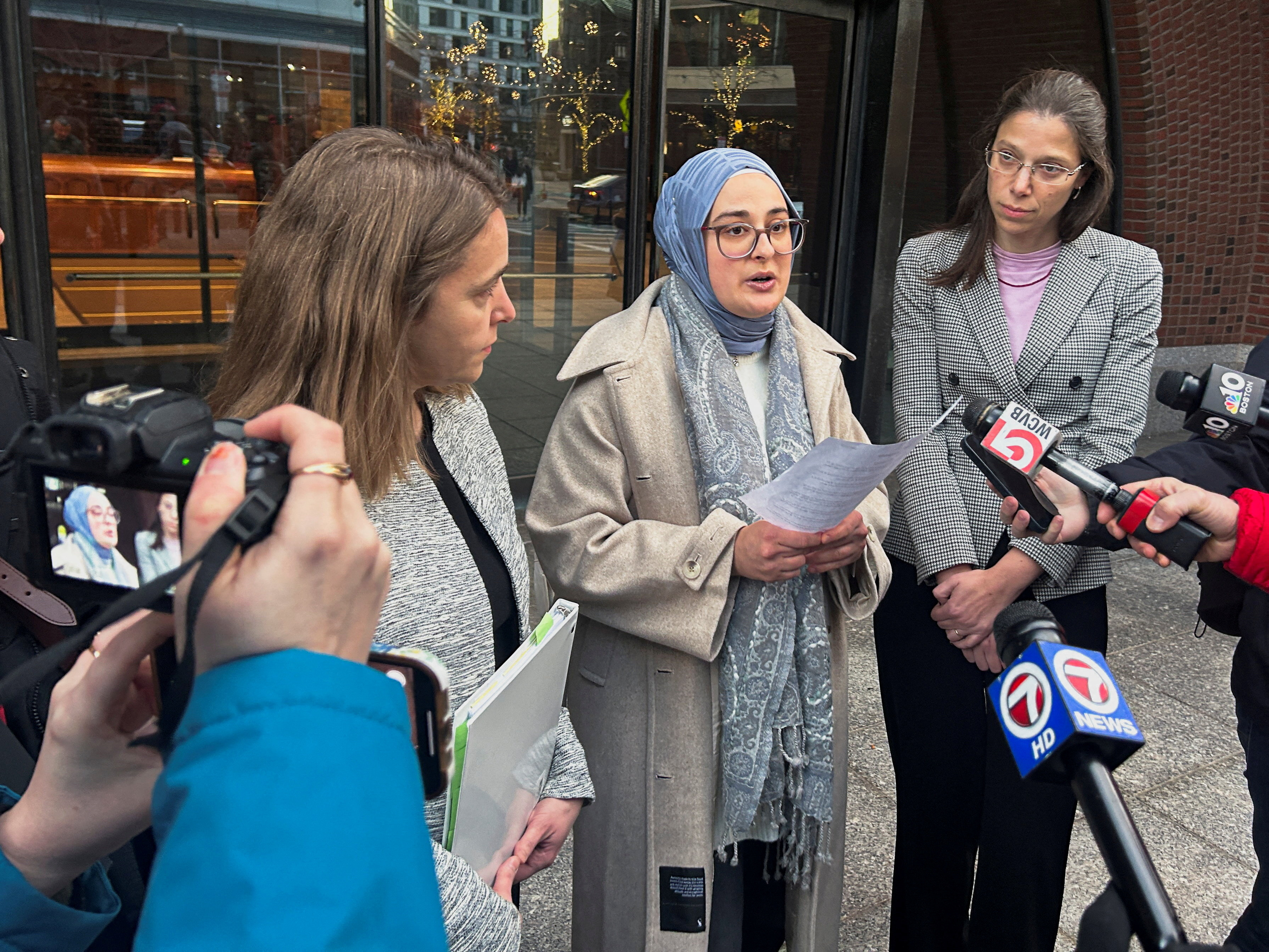 FILE PHOTO: Rumeysa Ozturk, a Turkish student at Tufts University, speaks to reporters outside the federal court in Boston