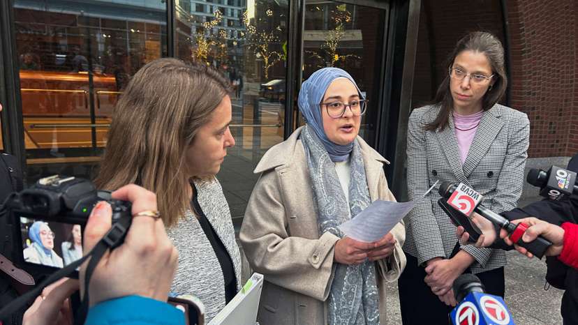 FILE PHOTO: Rumeysa Ozturk, a Turkish student at Tufts University, speaks to reporters outside the federal court in Boston