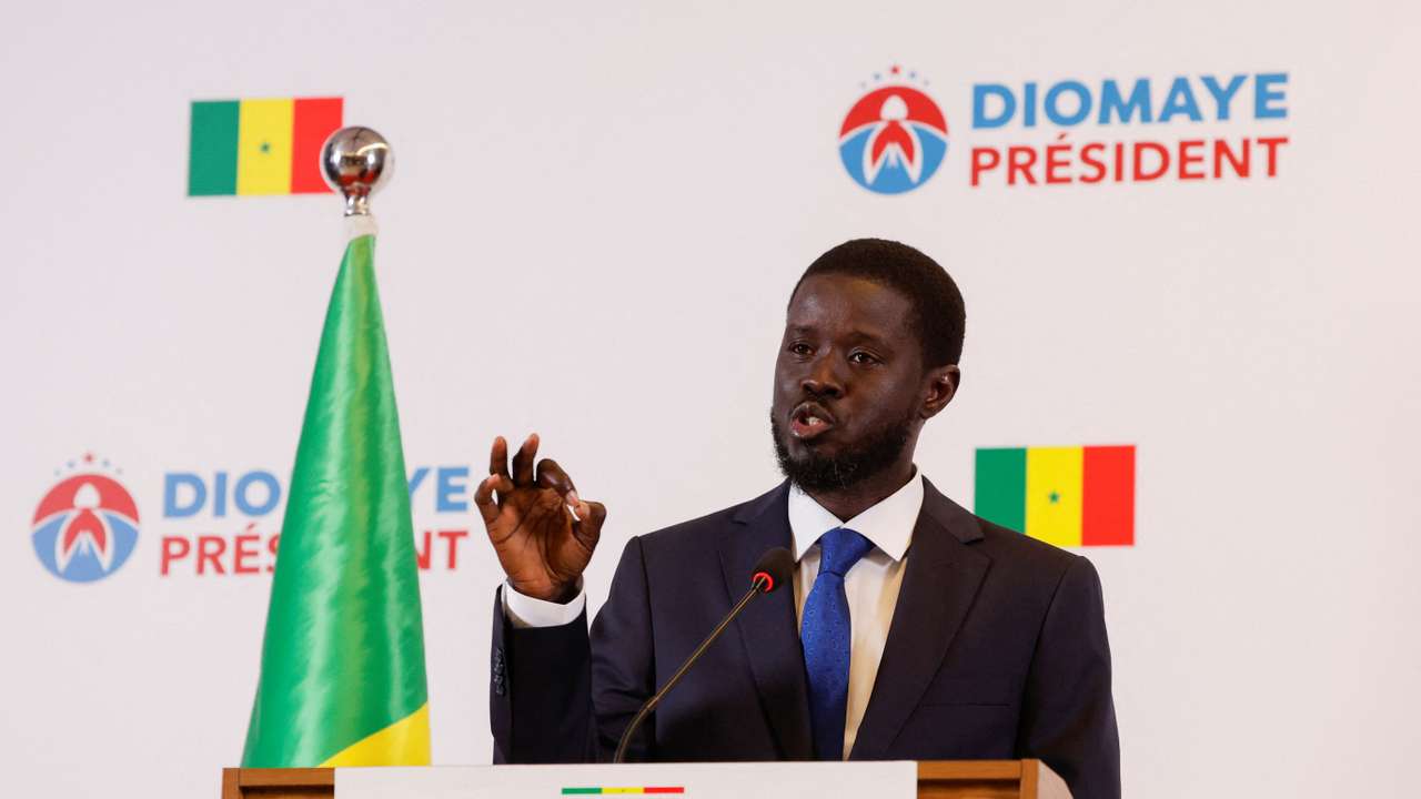 Senegal's president-elect Bassirou Diomaye Faye speaks during a press conference in Dakar