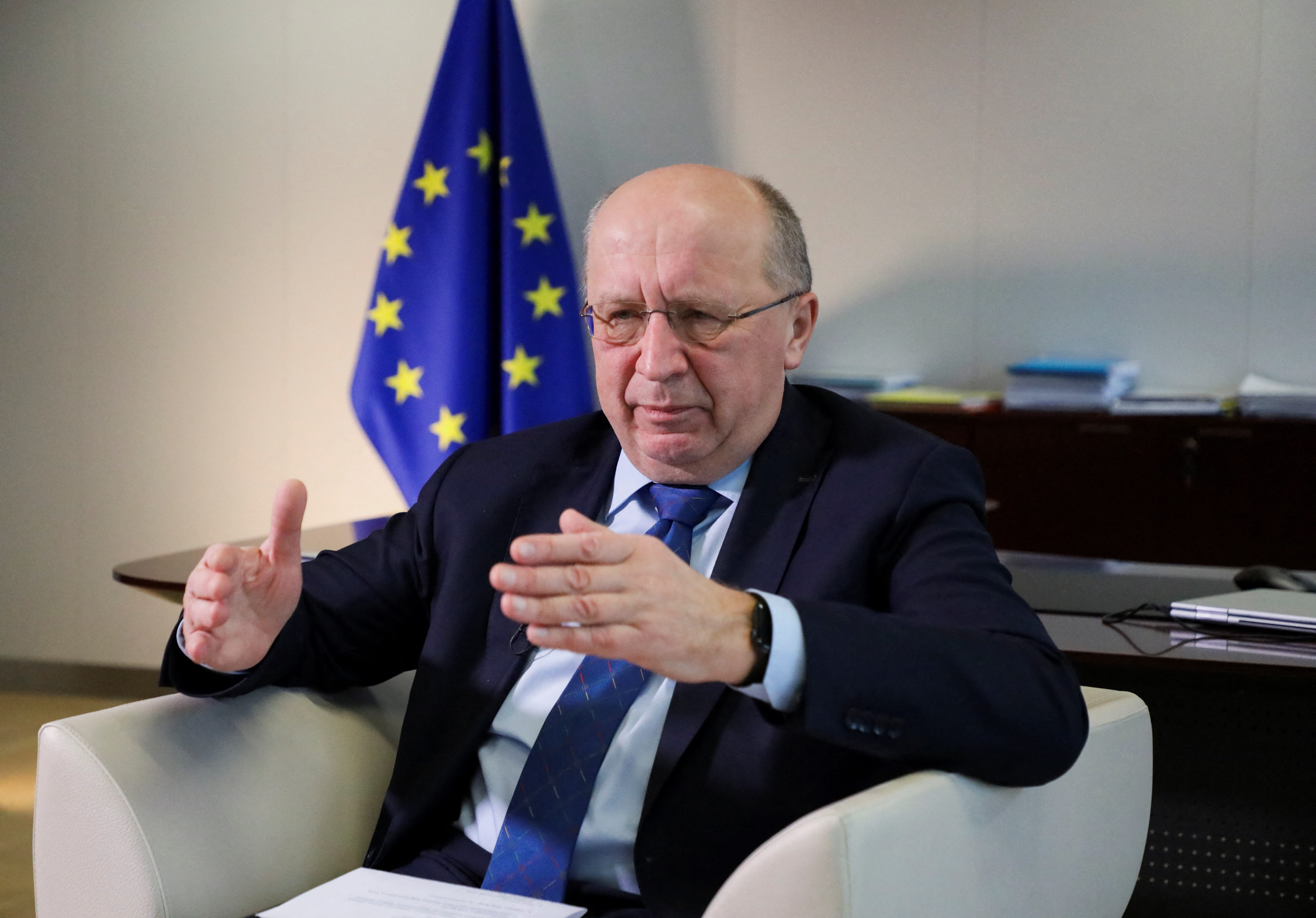 EU Defence Commissioner Kubilius during an interview with Reuters in Brussels