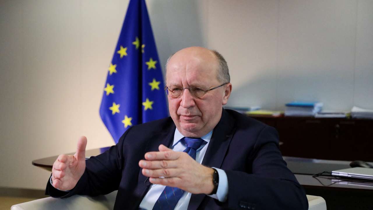 EU Defence Commissioner Kubilius during an interview with Reuters in Brussels