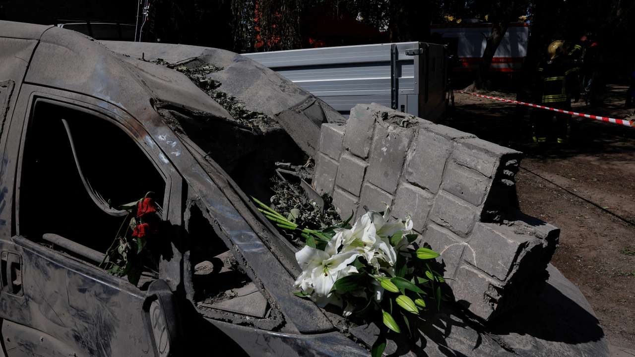 Apartment building damaged during Russian drone and missile strikes, in Kyiv