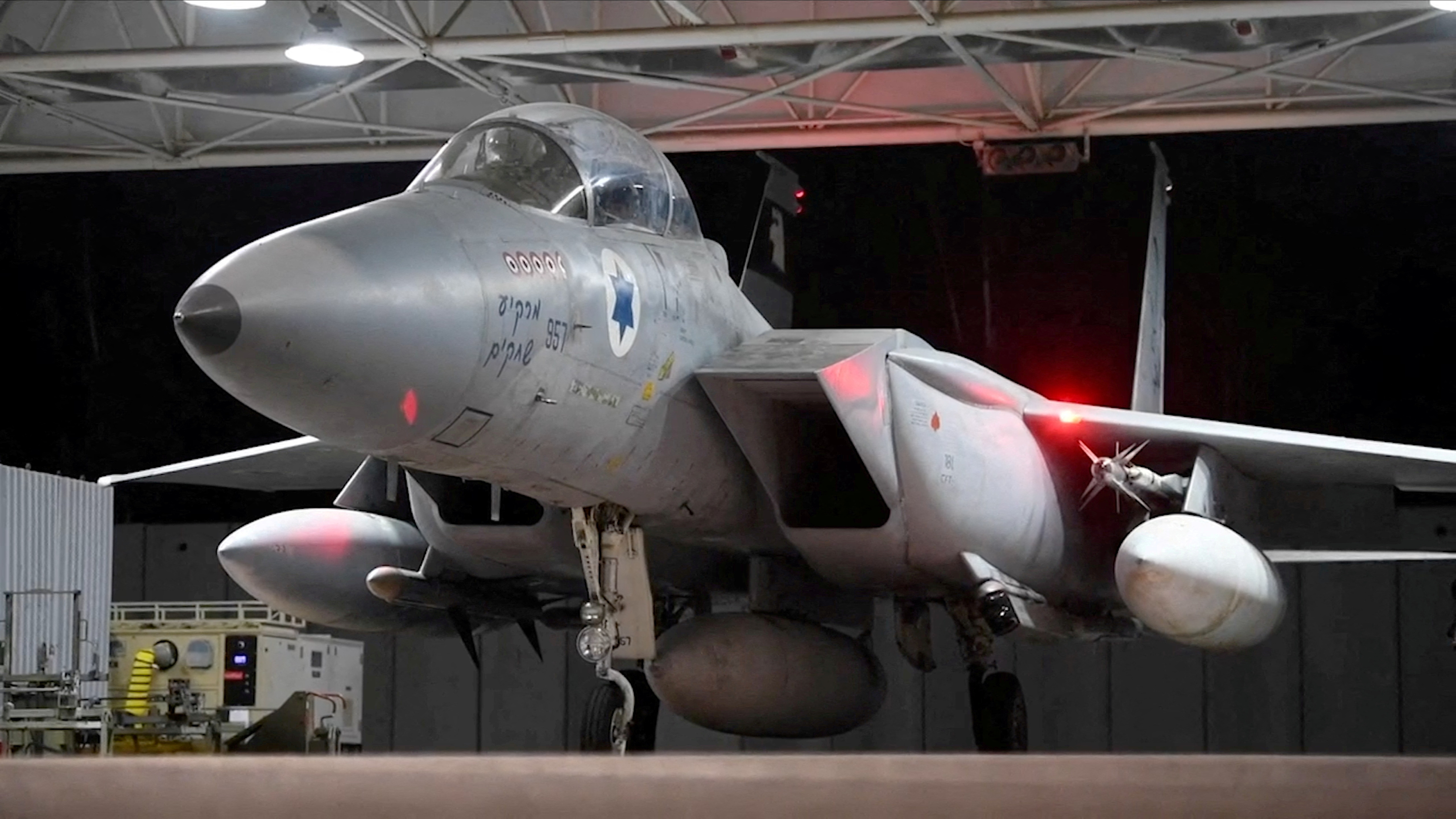 FILE PHOTO: A screengrab shows an Air Force plane, which the Israeli army says is departing to carry out strikes on Iran