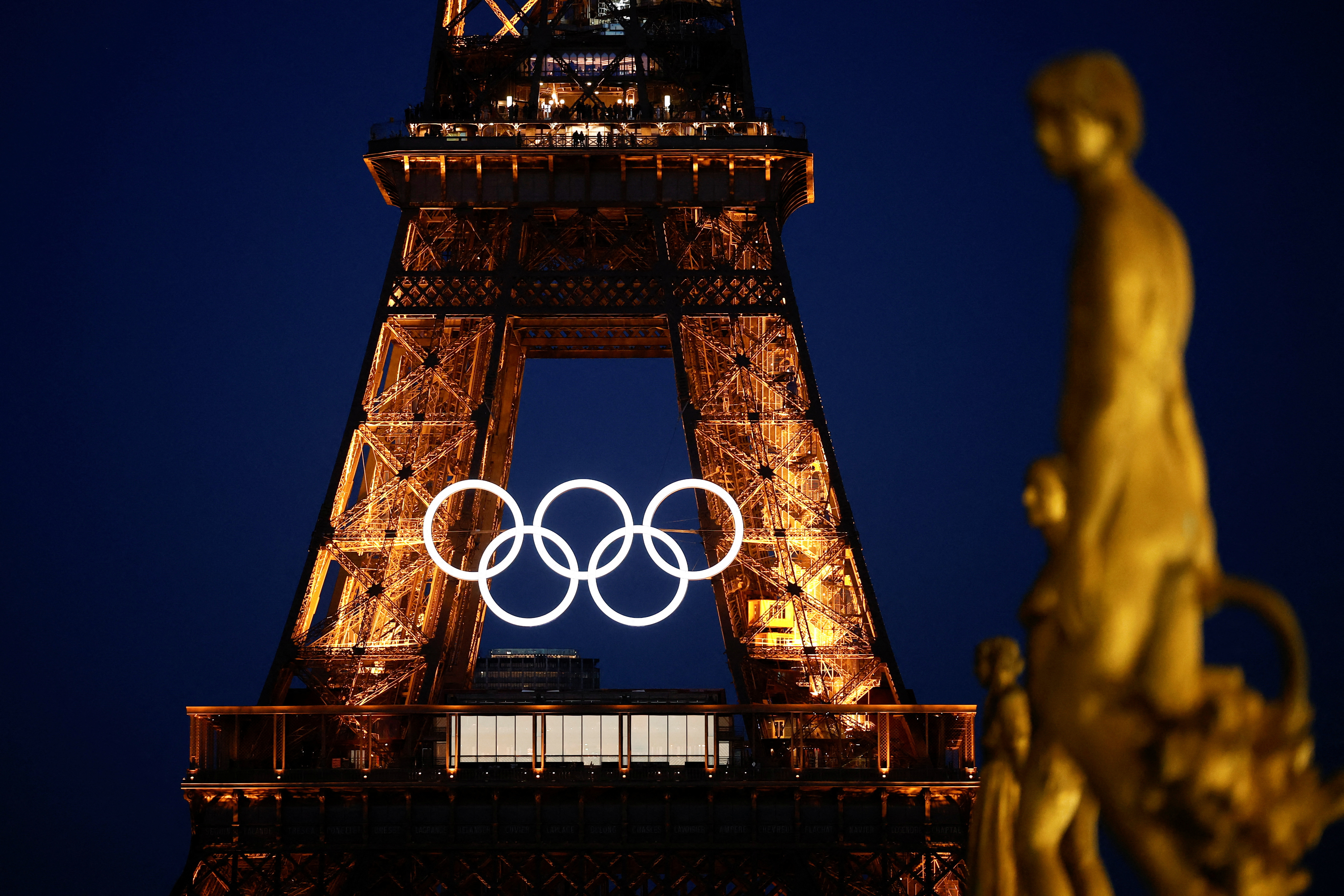 FILE PHOTO: The Olympic rings displayed on the first floor of the Eiffel Tower