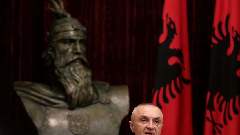 Albanian President Ilir Meta delivers a speech during a news conference in Tirana