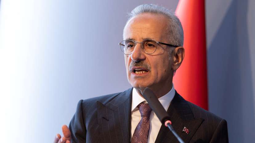 Turkey's Minister of Transport and Infrastructure Abdulkadir Uraloglu addresses the audience during a signing ceremony in Istanbul
