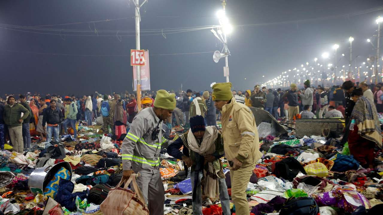 Stampede before the second "Shahi Snan" (grand bath) at the Pitcher Festival, in Prayagraj