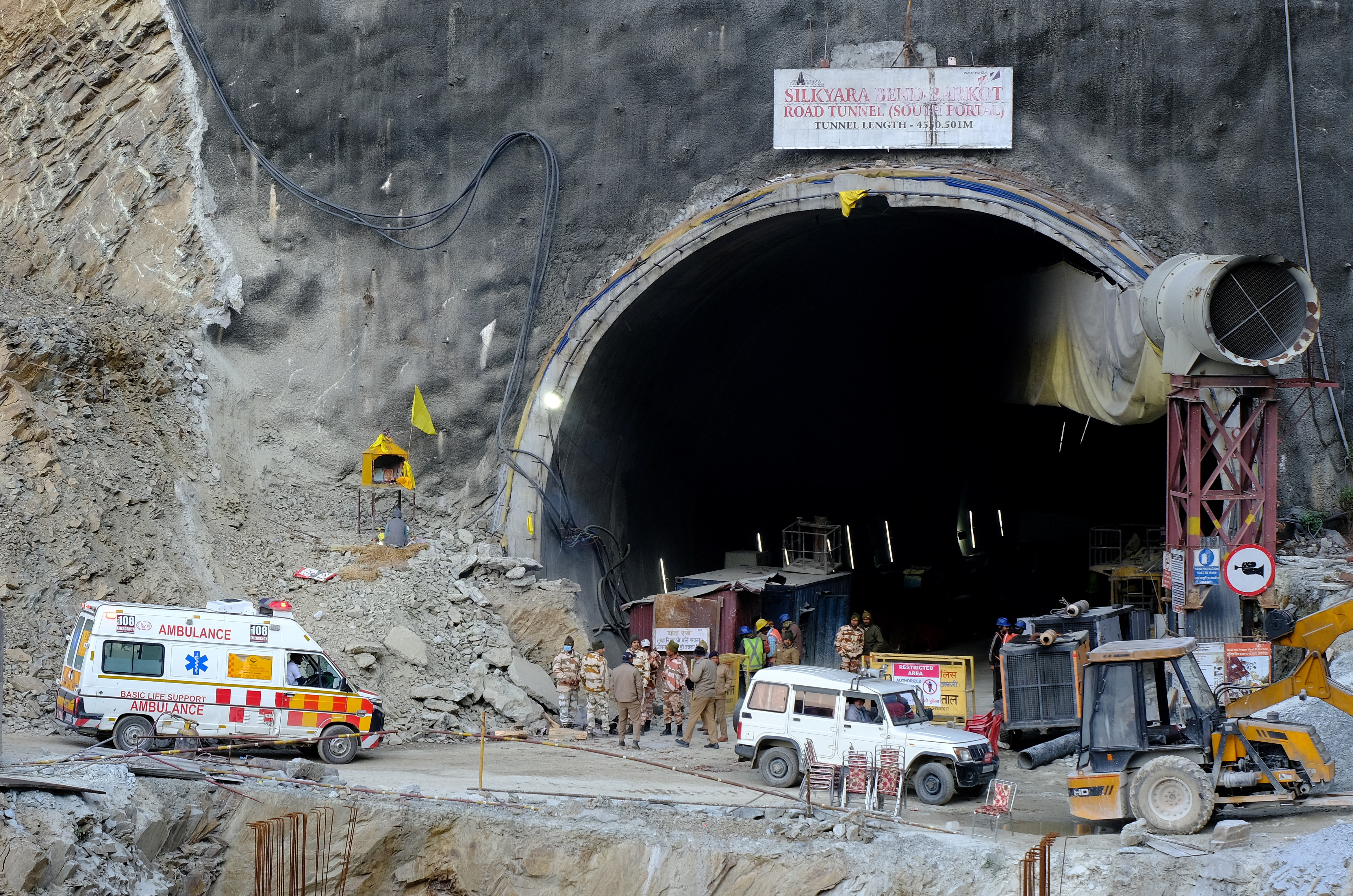 An ambulance arrives at tunnel where workers are trapped in Uttarkashi
