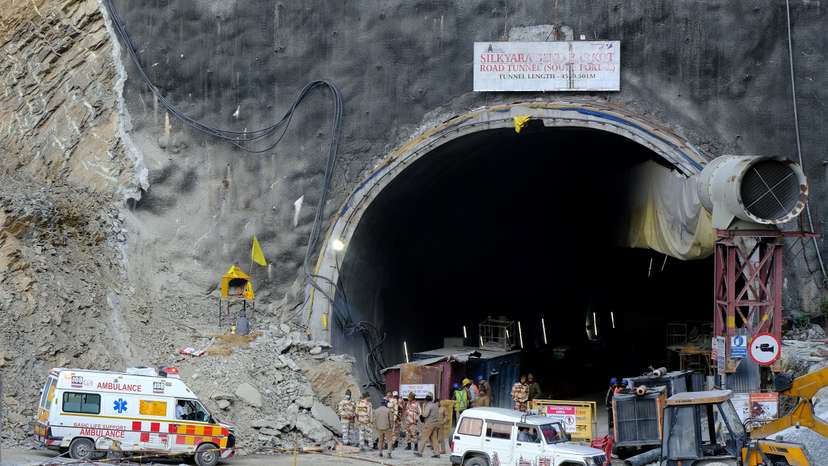An ambulance arrives at tunnel where workers are trapped in Uttarkashi
