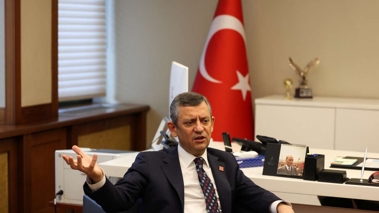 Ozgur Ozel, leader of main opposition Republican People's Party (CHP), gestures during an interview, in Istanbul