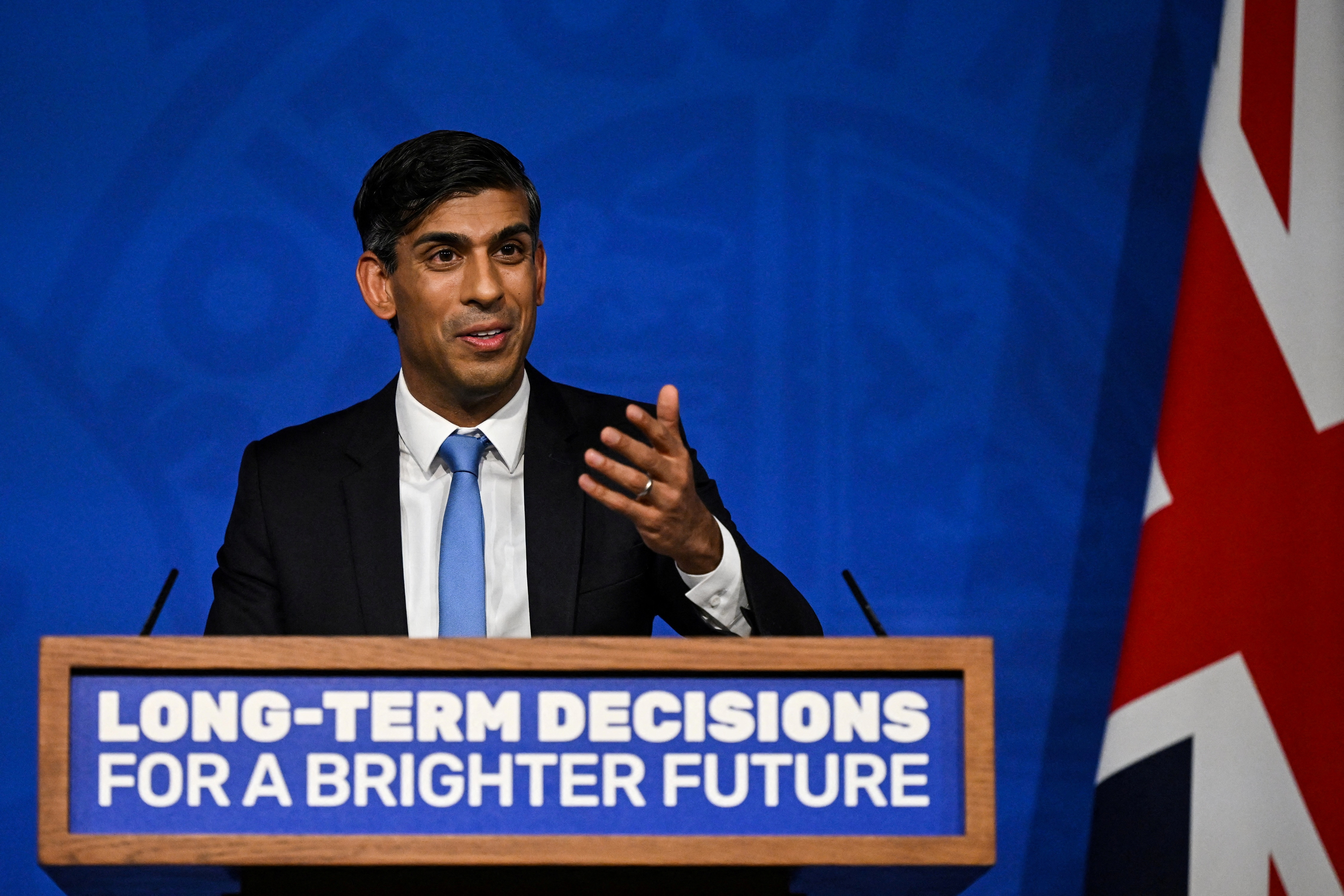 FILE PHOTO: Britain's Prime Minister Rishi Sunak delivers a speech during a press conference on the net zero target, at the Downing Street Briefing Room