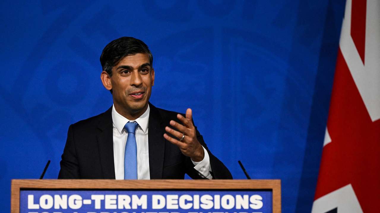 FILE PHOTO: Britain's Prime Minister Rishi Sunak delivers a speech during a press conference on the net zero target, at the Downing Street Briefing Room