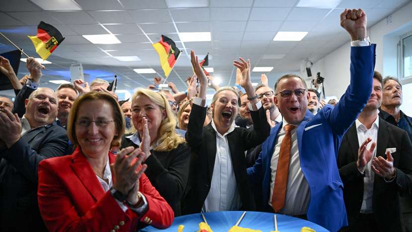 Alternative for Germany (AfD) party members react to election results, in Berlin