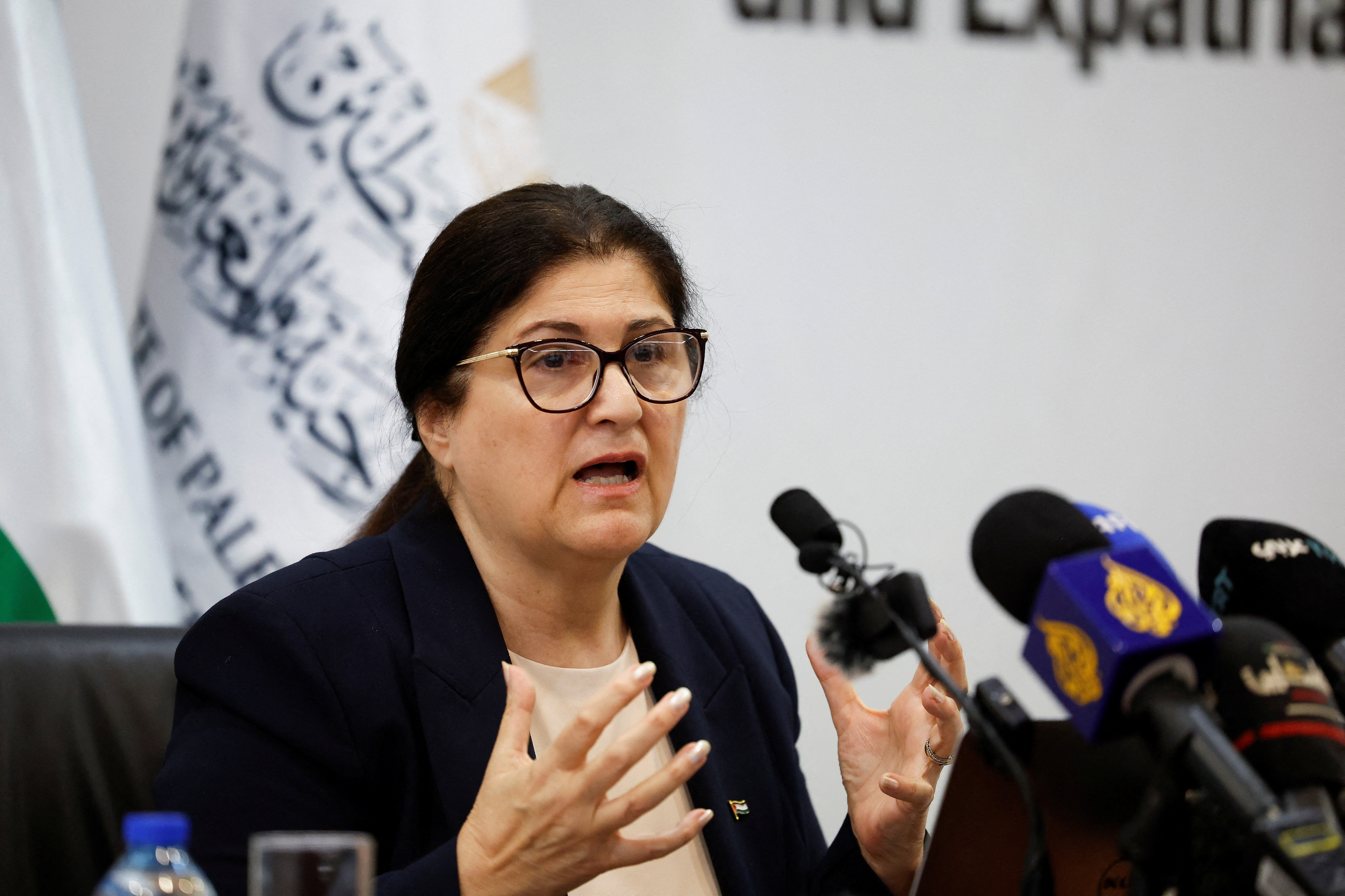 Palestinian Minister of Foreign Affairs Varsen Aghabekian Shahin attends a press conference in Ramallah