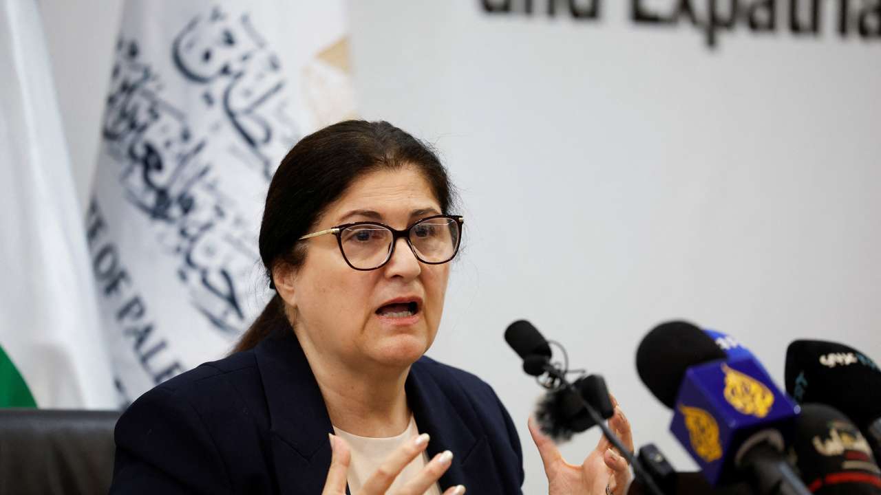 Palestinian Minister of Foreign Affairs Varsen Aghabekian Shahin attends a press conference in Ramallah