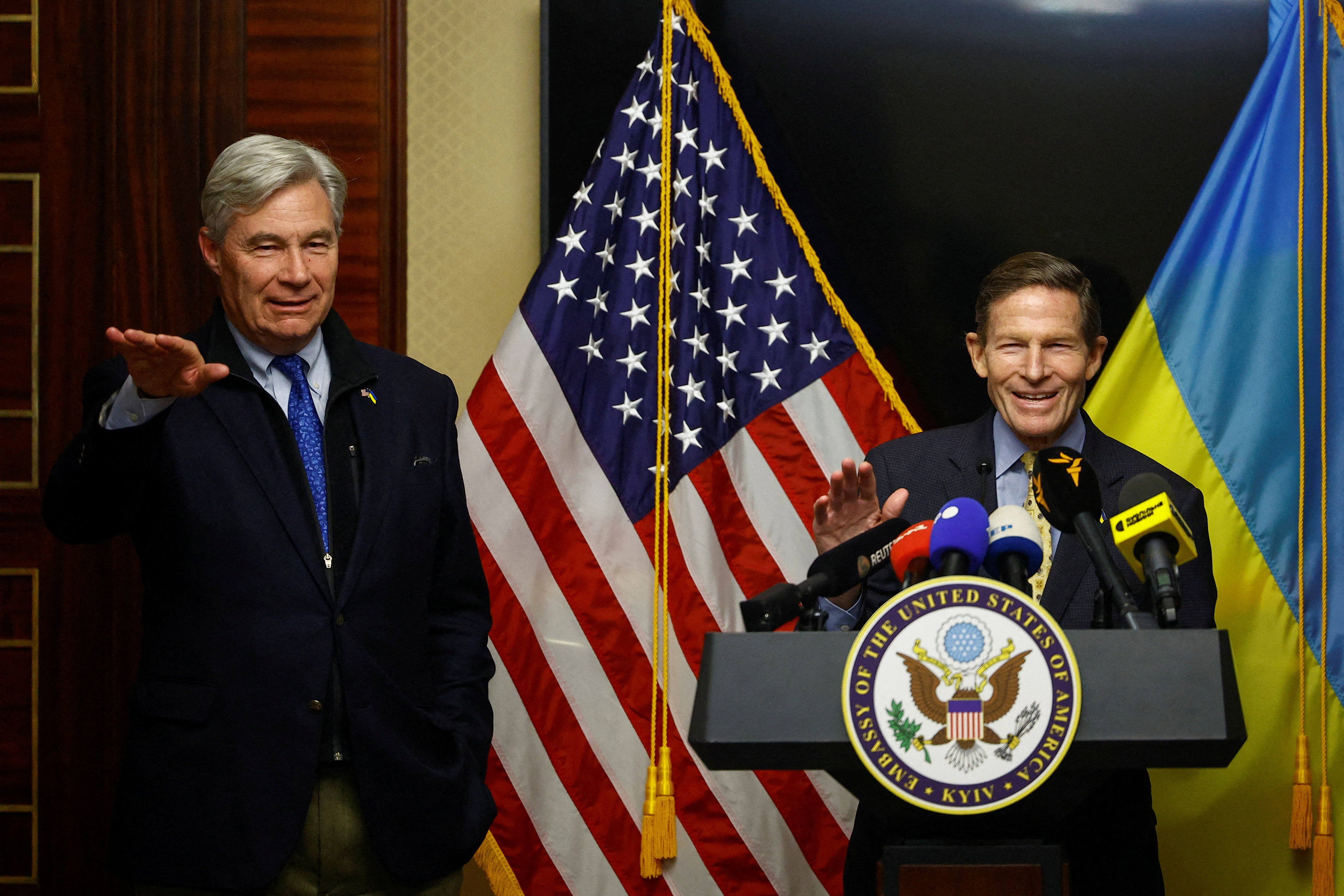 U.S. Senators Blumenthal (D-CT) and Whitehouse (D-RI) attend a news conference in Kyiv