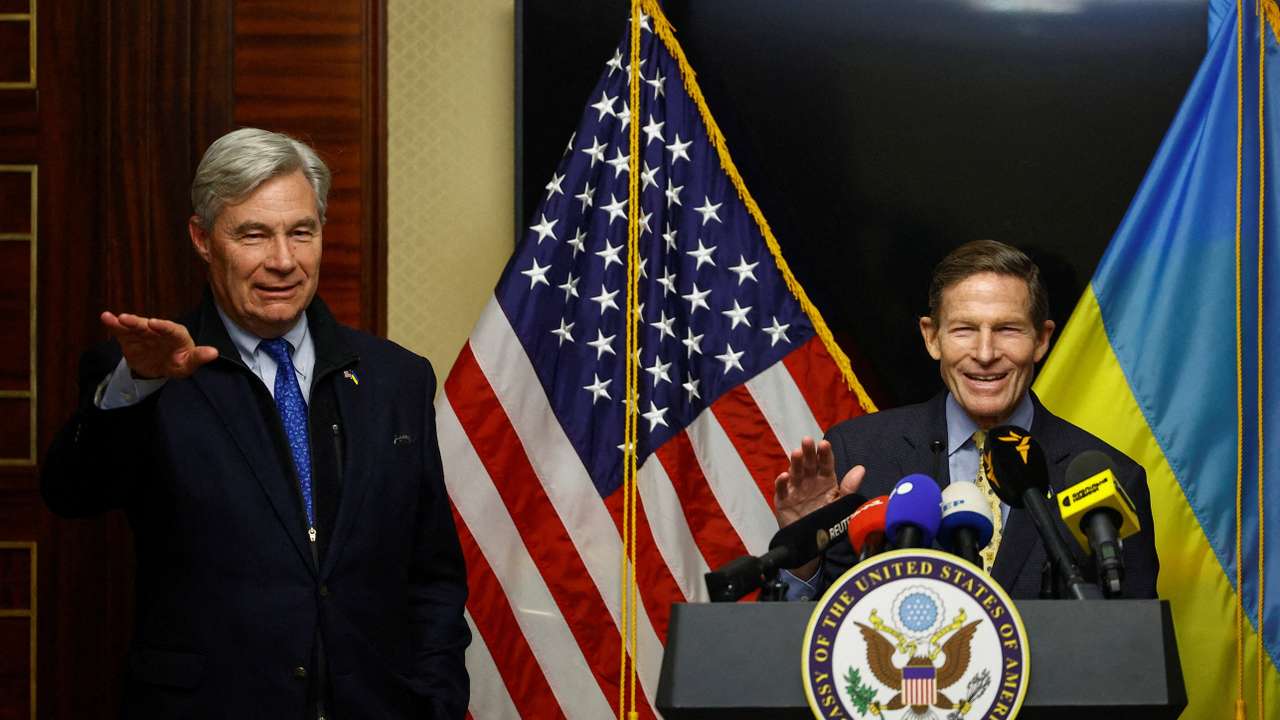 U.S. Senators Blumenthal (D-CT) and Whitehouse (D-RI) attend a news conference in Kyiv