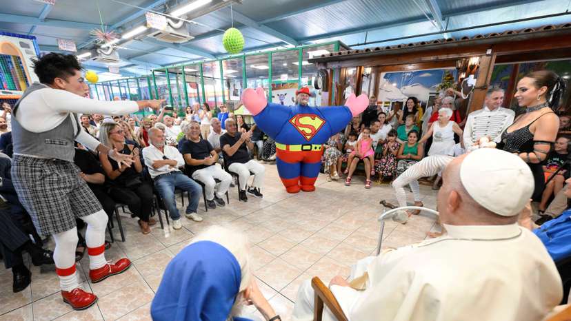 Pope Francis meets Sister Genevieve Jeanningros and the Community of carousers and circus performers at the Luna Park in Ostia Lido