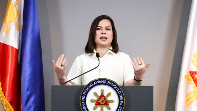Philippine Vice President Sara Duterte delivers a statement following her impeachment by the lower house of the Congress