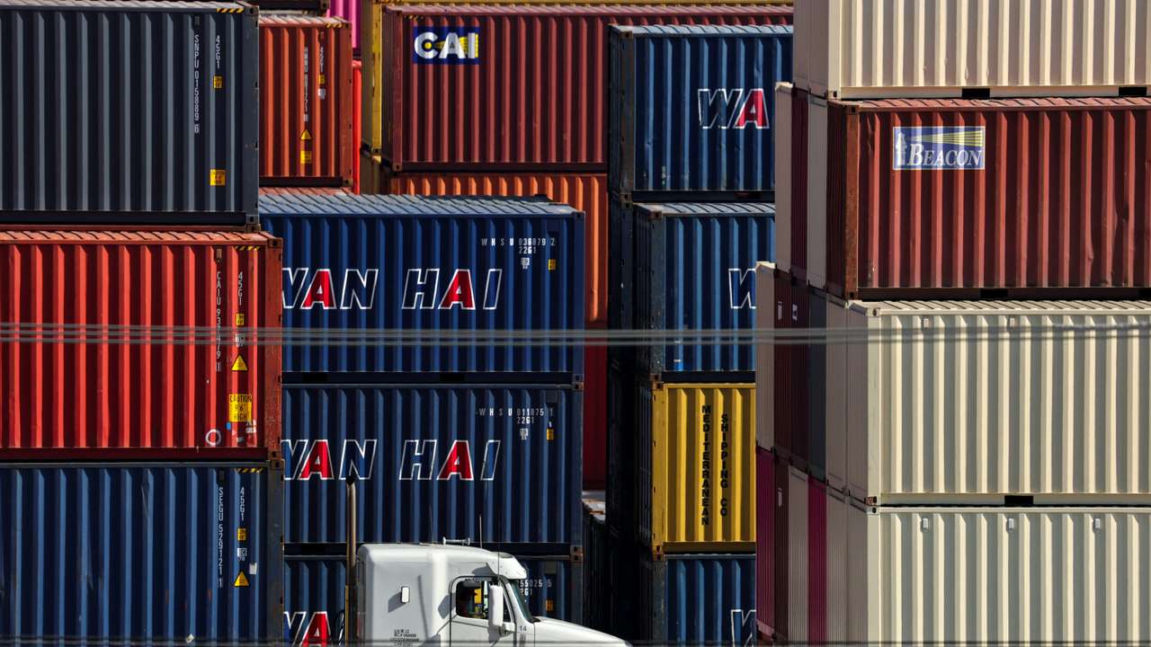 Containers sit at the Port of Los Angeles, in San Pedro, California