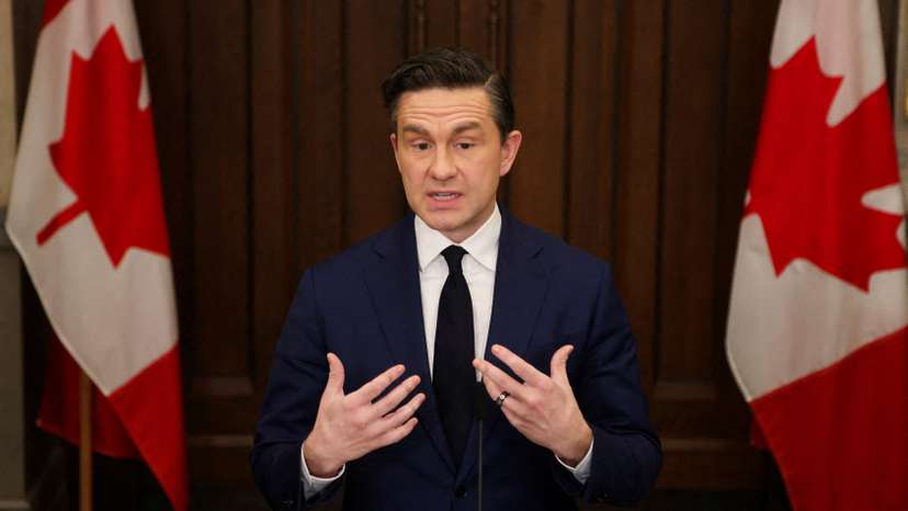 FILE PHOTO: Conservative Party of Canada leader Pierre Poilievre speaks at a press conference on Parliament Hill in Ottawa