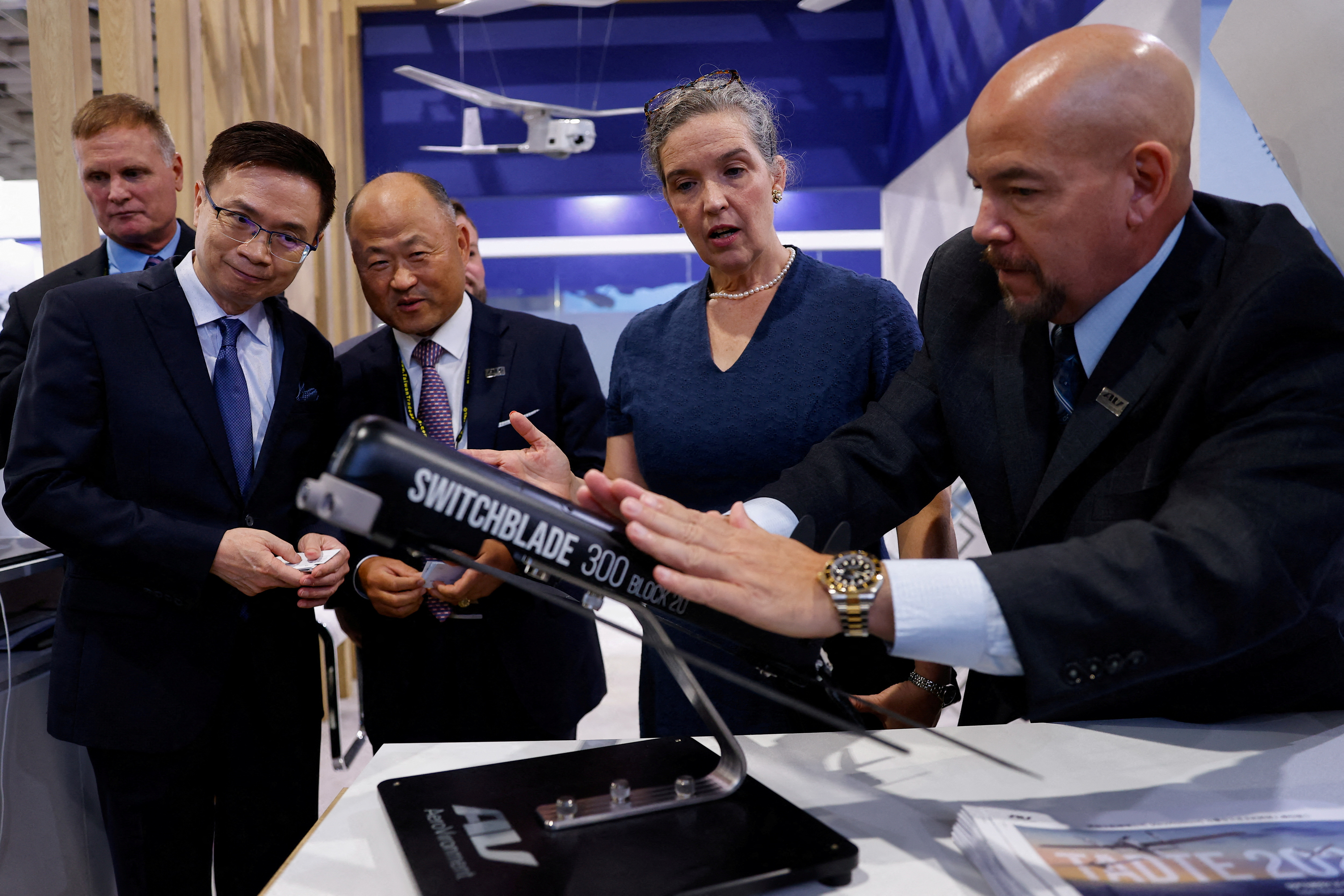 FILE PHOTO: American Institute in Taiwan (AIT) Director Sandra Oudkirk looks at a Switchblade 300 drone by AeroVironment
