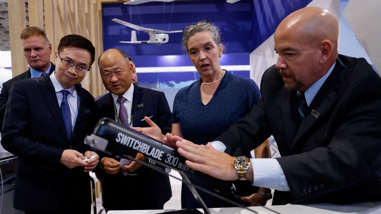 FILE PHOTO: American Institute in Taiwan (AIT) Director Sandra Oudkirk looks at a Switchblade 300 drone by AeroVironment