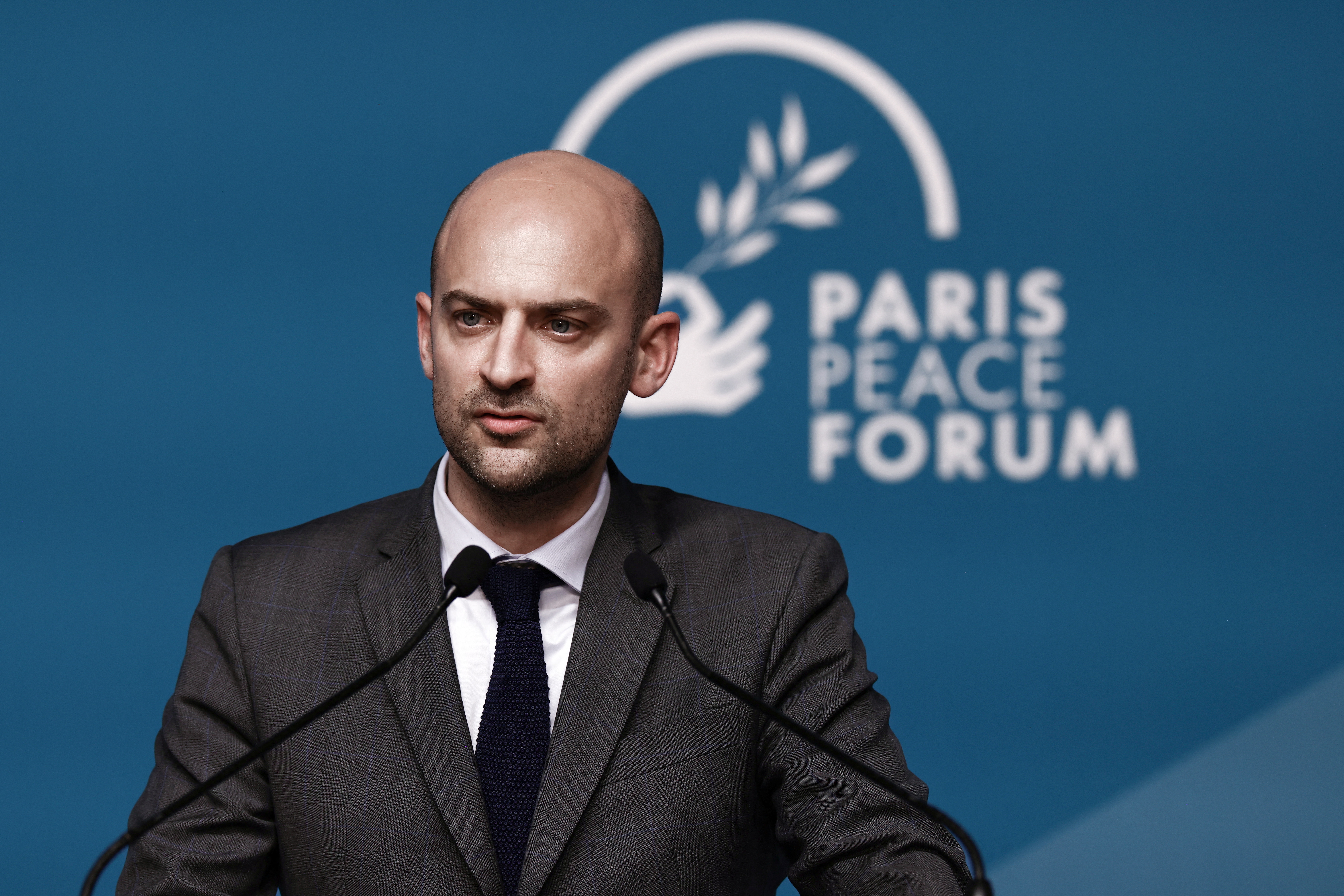 FILE PHOTO: France's Minister for Europe and Foreign Affairs Jean-Noel Barrot looks on as he delivers a speech during a conference