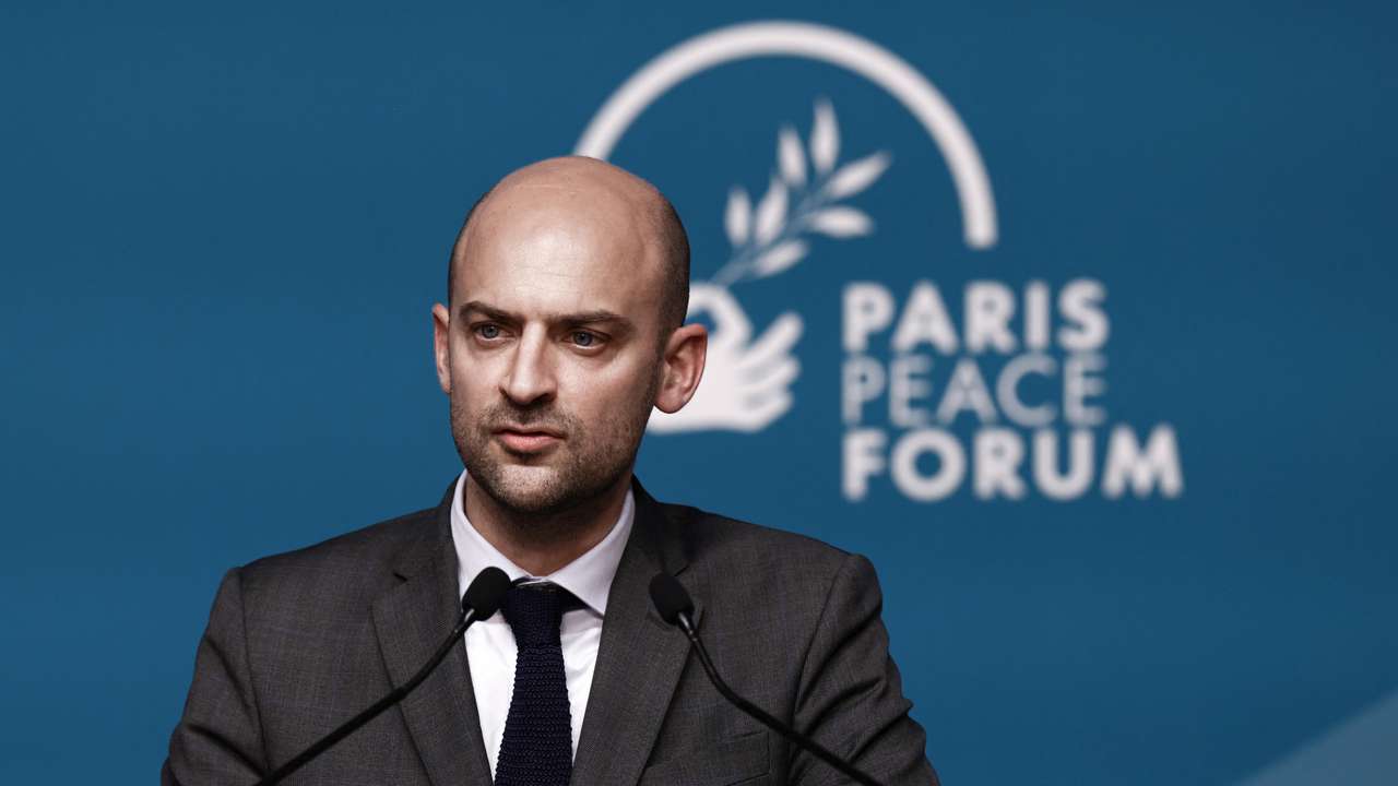 FILE PHOTO: France's Minister for Europe and Foreign Affairs Jean-Noel Barrot looks on as he delivers a speech during a conference