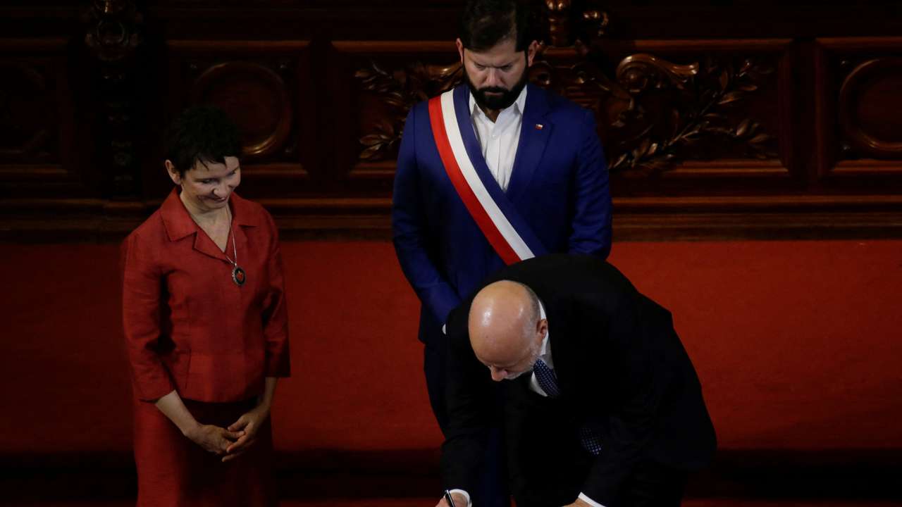 Chile’s President Gabriel Boric receives a second Constitution draft by the Constitutional Council, in Santiago