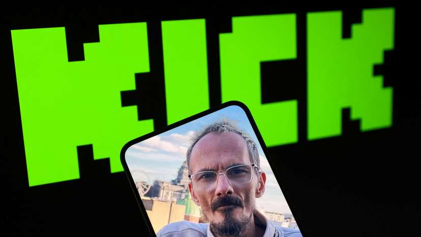 Illustration shows photo of Raphael Graven, known online as Jean Pormanove and Kick logo