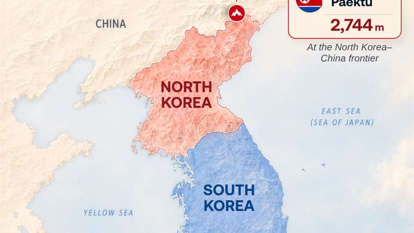 North Korea’s Mount Paektu rises nearly 800 metres above South Korea’s highest peak