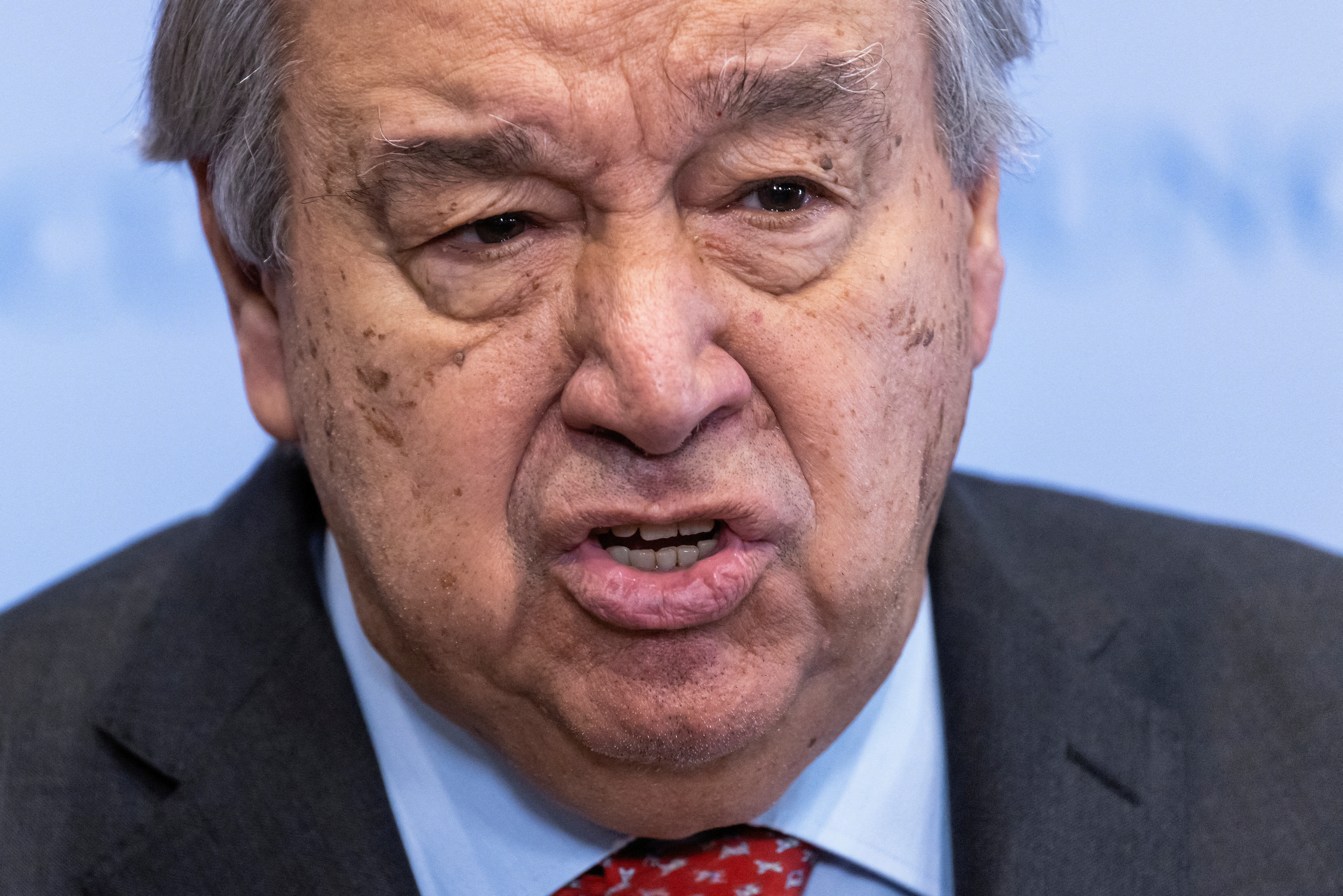 FILE PHOTO: United Nations Secretary-General Antonio Guterres speaks about the Israel and Hamas ceasefire deal outside the Security Council at the United Nations Headquarters in New York