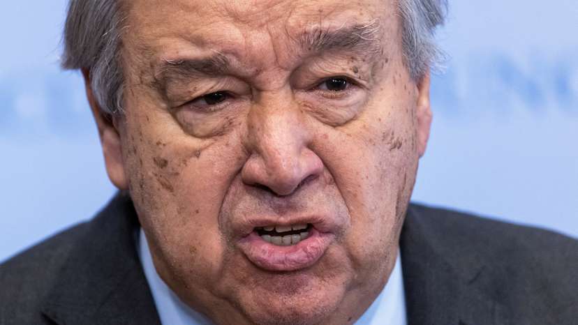 FILE PHOTO: United Nations Secretary-General Antonio Guterres speaks about the Israel and Hamas ceasefire deal outside the Security Council at the United Nations Headquarters in New York